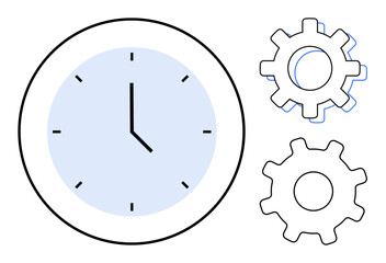 Circular clock face with simple gears symbolizing efficiency, organization, development, workflow, deadlines, productivity. Ideal for planning, teamwork, automation task management productivity