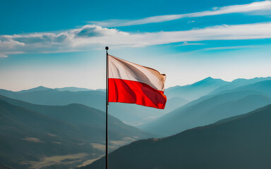 Majestic Polish flag waves proudly atop mountain range, embodying national pride and scenic beauty under a serene sky ideal for travel blogs