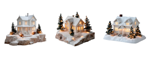 Festive winter village scenes with illuminated snow-covered cottage miniatures on transparent background