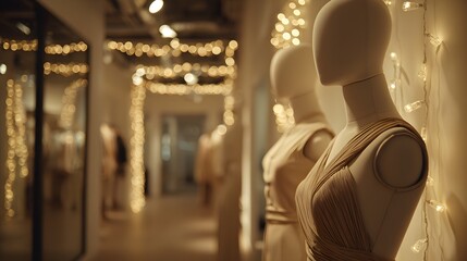 Retail display features faceless forms modeling draped garments illuminated by warm string lights