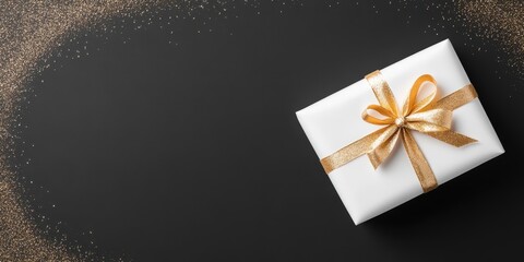 Wrapped gift with a shiny gold ribbon placed on a dark background.