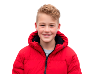Smiling boy in red jacket on transparent background