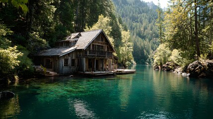 Rustic wooden structure sits beside the emerald clear waters of a secluded forest lake