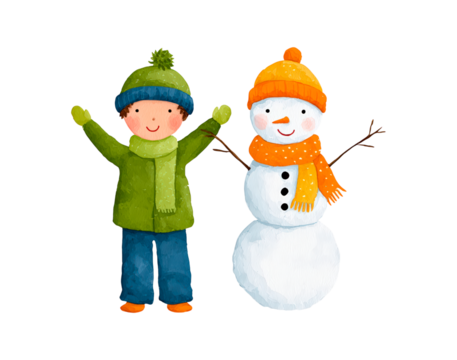 Child joyfully playing with snowman in winter attire on transparent background
