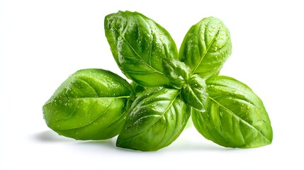 Obraz premium Fresh green herb leaves display moisture droplets against a clean white background