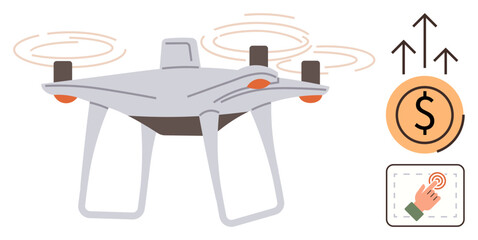 Flying quadcopter with propellers, rising dollar signs, and a finger tapping a screen. Ideal for technology, automation, business growth, delivery, innovation finance futuristic concepts. Simple