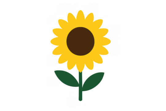 Stylized sunflower illustration with yellow petals and a brown center, featuring green stem and leaves. Transparent background - Powered by Adobe