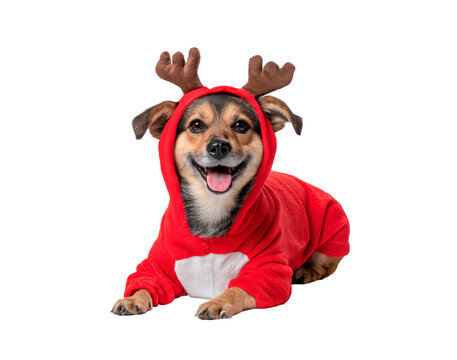 Adorable dog in red reindeer costume for holiday celebration theme on transparent background