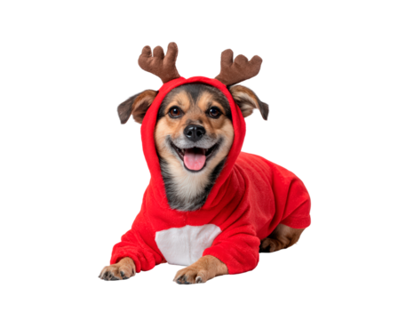 Adorable dog in red reindeer costume for holiday celebration theme on transparent background