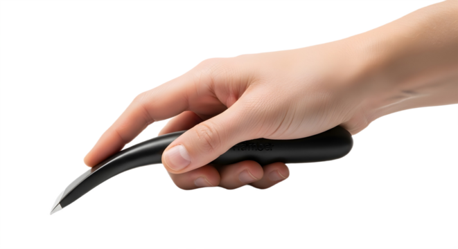 Hand Holding Black Ergonomic Kitchen Tool Representing Food Preparation Cooking Accessory or Modern Culinary Design Innovation, png