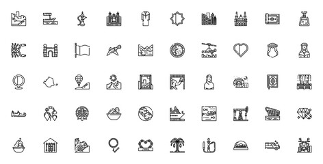 Dubai icon set. Vector illustration pack. Includes smbols for skyline, mosque,camel, desert, palm jumeirh, dates, hookah, perfume,jewelry and more.