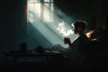 Fototapeta premium painting of girl wearing sweater and headphones, making tea under sunlight