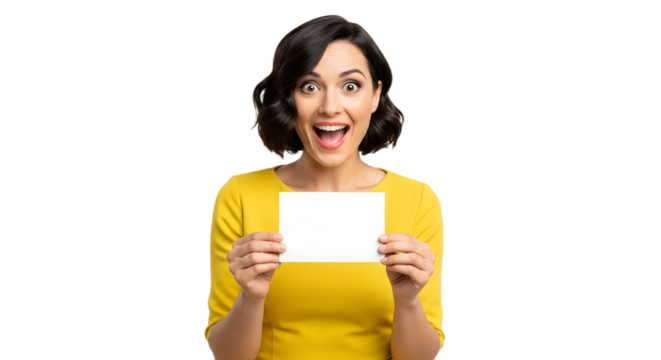 Woman in Yellow shirt Holding Blank White Card on transparent background, png - Powered by Adobe