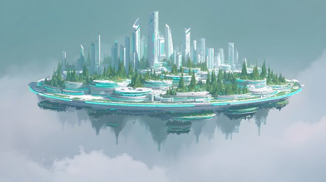 Futuristic metropolis structure hovers serenely above atmospheric clouds