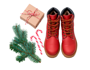 Christmas gift arrangement with red boots, candy canes, and pine branch