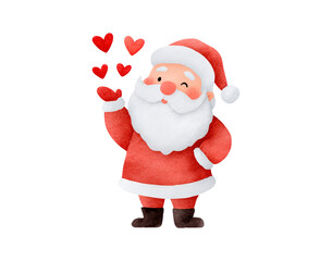 Obraz premium Watercolor cheerful santa claus holding hearts for a joyful christmas theme
