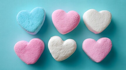Six heart shaped confectionery items display in two rows against a bright blue background