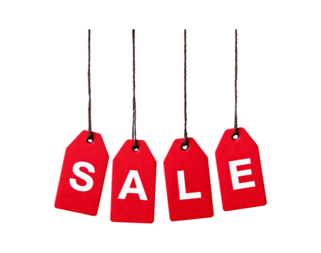 Red sale tags hanging on transparent background for retail promotion