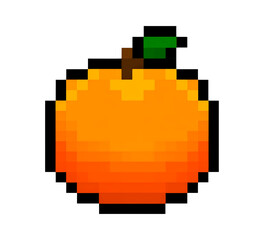 Obraz premium Pixel art orange fruit with leaf for retro gaming design and digital projects on transparent background