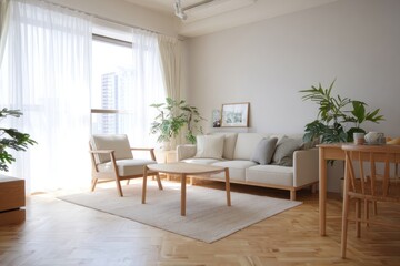 Fototapeta premium simple interior with white walls, warm oak tones and soft shadows