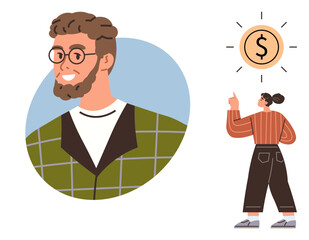 Smiling man in a green jacket with glasses and woman pointing at a glowing dollar sign. Ideal for finance advice, money management, success, teamwork, entrepreneurship, personal goals, simple flat