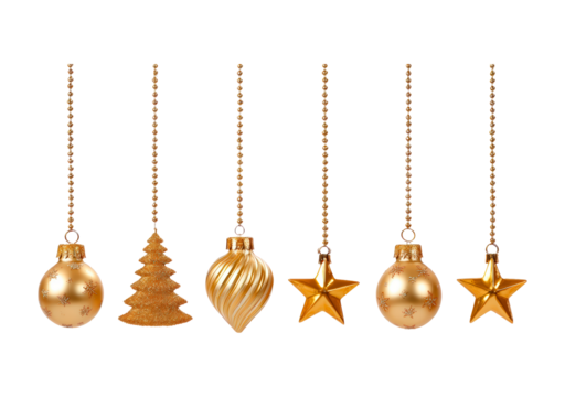 Elegant gold christmas ornaments hanging in a row for festive holiday decoration on transparent background