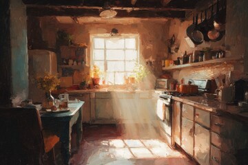 painting of cozy morning kitchen with sunlight streaming through window, warm tones and soft brush texture