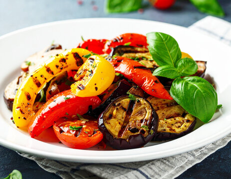 Colorful grilled vegetable on white plate. AI - Powered by Adobe