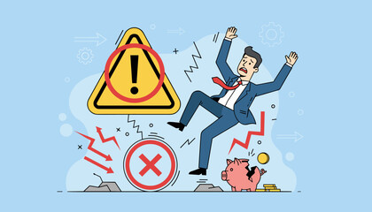 Vivid illustration of a businessman in a suit falling with arms outstretched, symbolizing financial risk, business failure, and mistakes, accompanied by a warning sign, a broken piggy bank, and a red