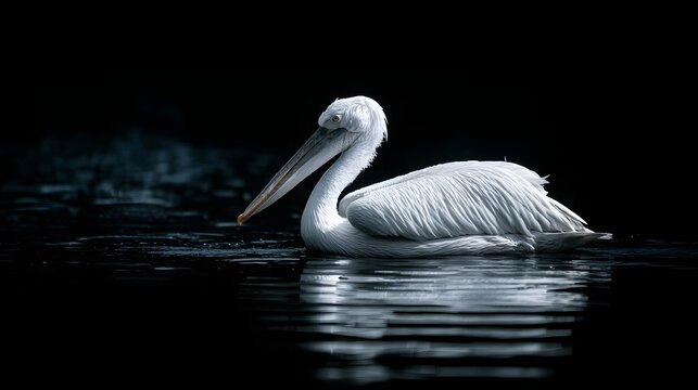 Large water bird rests calmly upon dark water surface with dramatic lighting - Powered by Adobe