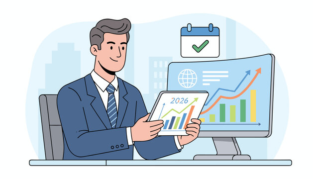 A smiling businessman in a suit sits at his desk, holding a tablet displaying financial charts and the year 2026, with a computer monitor showing a growth graph and a calendar with a checkmark in the