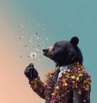 Black anthropomorphic bear with dandelion. Whimsical portrait with autumn flowers and pastel pink and bluegradient sky