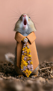 Cute chipmunk singing in floral tie &ndash; whimsical anthropomorphic portrait with autumn tones and playful mood