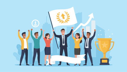 Vibrant illustration of a diverse business team celebrating success, led by a confident leader holding a flag with an upward arrow and laurel wreath, symbolizing achievement and growth, with a golden