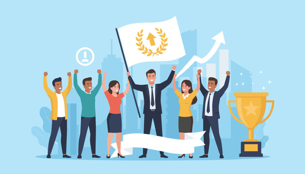 Vibrant illustration of a diverse business team celebrating success, led by a confident leader holding a flag with an upward arrow and laurel wreath, symbolizing achievement and growth, with a golden