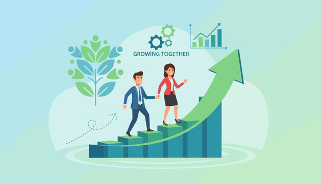Illustrating the concept of leadership development and team success with a man and woman climbing an upward trending graph, symbolizing growth and motivation, accompanied by gears and a stylized
