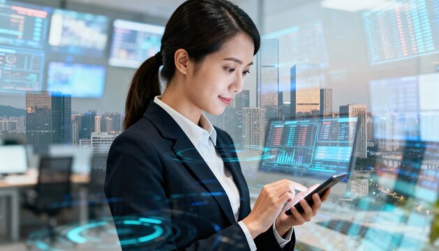 Business technology concept. Businesswoman using smartphone with virtual screen, futuristic UI. Double exposure with financial chart, stock market data and modern city skyline.