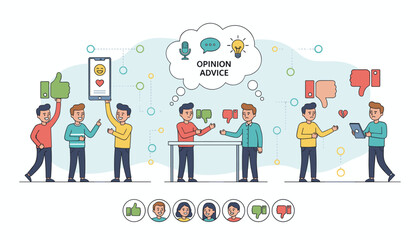 Diverse group of people expressing opinions and feedback through social media icons, thumbs up/down, and mobile devices, illustrating business advice, communication, and online interaction in a
