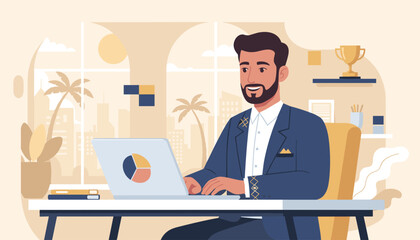Successful Middle Eastern businessman working on a laptop in a modern office with a city view and palm trees, symbolizing growth, achievement, and a thriving career in a dynamic urban environment.