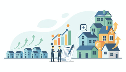 Conceptual illustration of a thriving real estate business, featuring a handshake between two businessmen, a growth chart with rising arrows and coins, and a cluster of houses symbolizing property