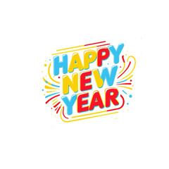 Colorful &ldquo;Happy New Year&rdquo; Celebration Graphic with Festive Swirls and Bold Typography  with transparent background .