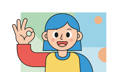 Modern flat vector illustration of a cheerful young person with blue hair, wearing a yellow and red shirt, making the OK hand gesture with their right hand, conveying positivity and approval against