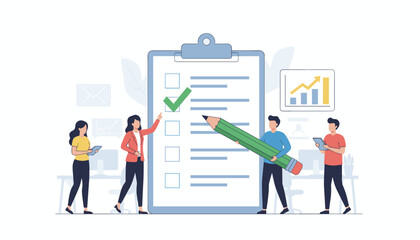 Fototapeta premium Modern flat illustration of a diverse team collaborating on a project checklist, using a giant pencil and tablets, with a growth chart in the background, symbolizing teamwork, productivity, and