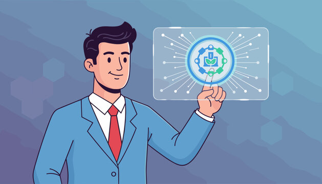 A smiling businessman in a blue suit and red tie interacts with a futuristic holographic interface, touching a digital icon representing a franchise or business opportunity, symbolizing growth and