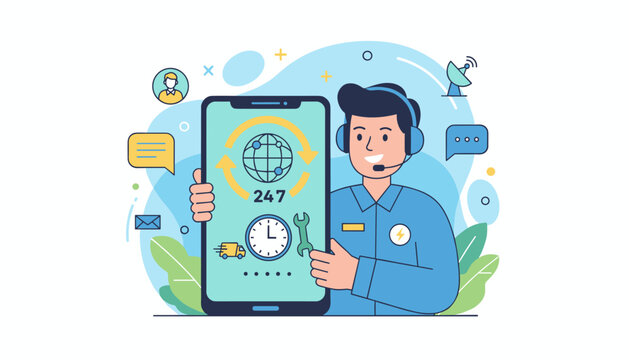 Vibrant illustration of a friendly call center agent holding a smartphone displaying a 24/7 support icon, global network symbol, clock, and wrench, surrounded by communication and delivery icons
