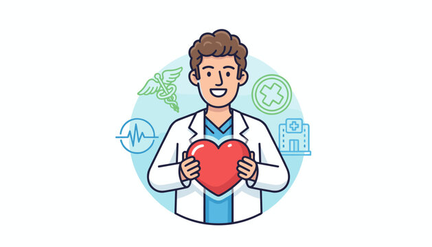A friendly and caring physician, depicted in a modern, flat illustration style, holds a vibrant red heart symbol in front of a light blue circular background, surrounded by medical icons like a