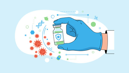 A gloved hand holds a vaccine vial, symbolizing protection against viruses like COVID-19, with scientific elements such as DNA and microscopic virus illustrations in the background, representing