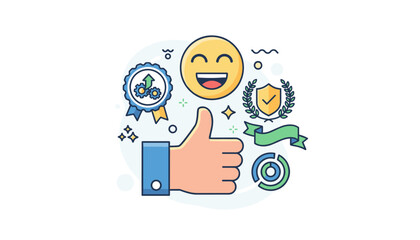 Vibrant flat illustration of a hand giving a thumbs-up gesture, accompanied by a joyful smiling emoji, a blue ribbon award with gears, a golden shield with a checkmark and laurel wreath, and a