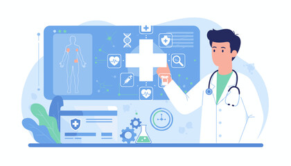 Digital healthcare and medical technology concept with a doctor interacting with a futuristic interface displaying DNA, human anatomy, heartbeat, syringe, and search icons, representing advanced