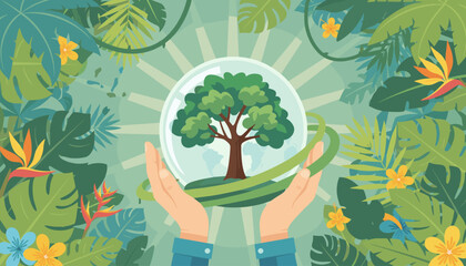 Hands cradle a vibrant green tree encased in a glass globe, symbolizing environmental protection and the Earth's delicate ecosystem, surrounded by lush tropical foliage and exotic flowers